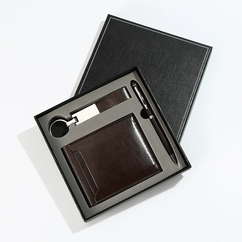 3 in 1 corporate gift - Business gift set includes metal pen, keychain and slim wallet with customizable logo