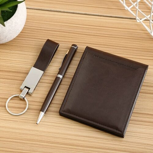 Logo engraved metal pen, keychain and wallet 3-in-1 gift box