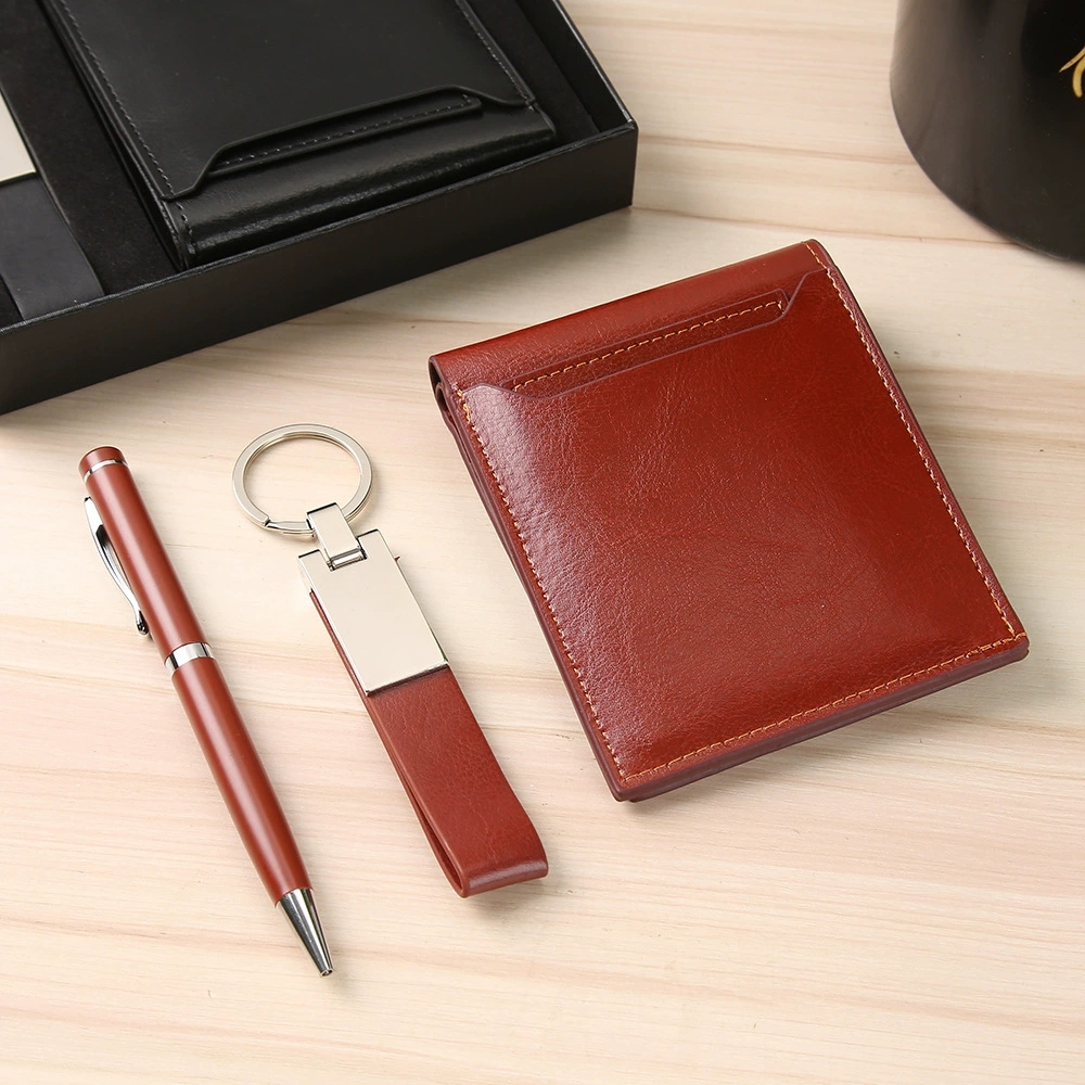 brown pen keychain wallet gift set - Elegant 3-in-1 gift set: premium pen, keychain and wallet for business professionals