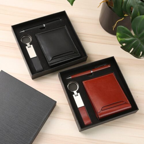 - 3-in-1 gift set with metal pen, sleek keychain and compact wallet for global professionals